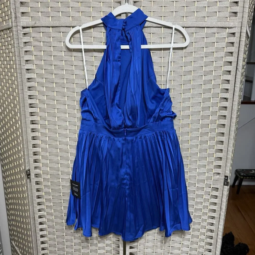 Lulus Seriously Stunning Royal Blue Satin Pleated Backless Romper Size XL NWT - Picture 3 of 11
